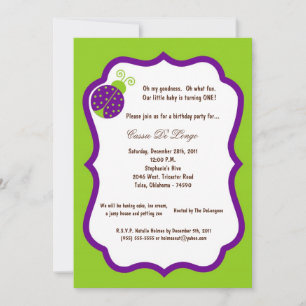 5x7 Electric Green Lady Bug Birthday Party Invite