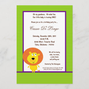 5x7 Electric Green Lion Birthday Party Invite