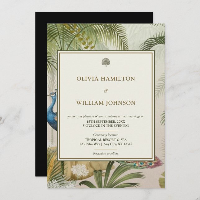 5x7 Elegant Black Tropical Peacock Palm Wedding  Invitation (Front/Back)