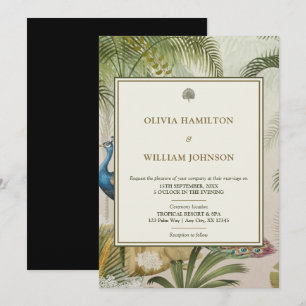 5x7 Elegant Black Tropical Peacock Palm Wedding  Invitation