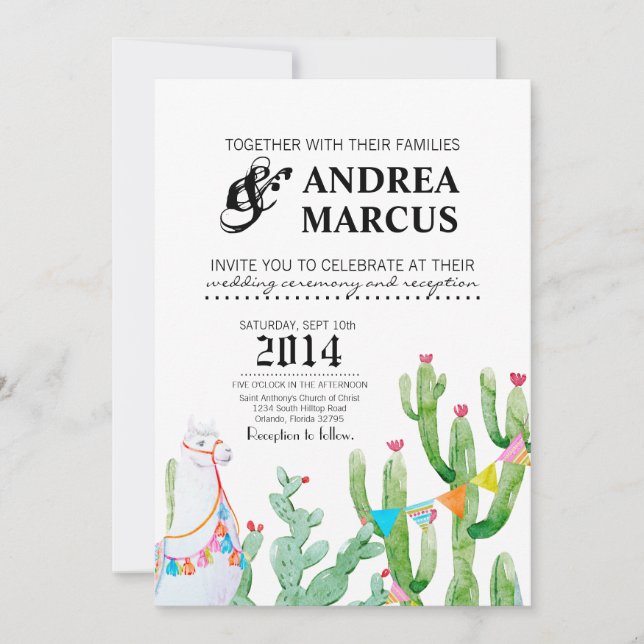 5x7 Faire-part de mariage Boho Llama Cactus bohémi (Devant)