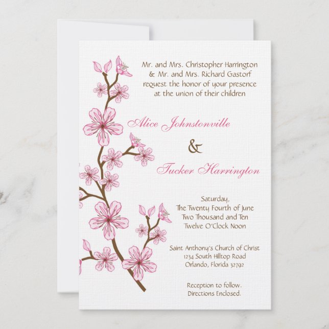 5x7 Faire-part de mariage en lin de fleurs de ceri (Devant)