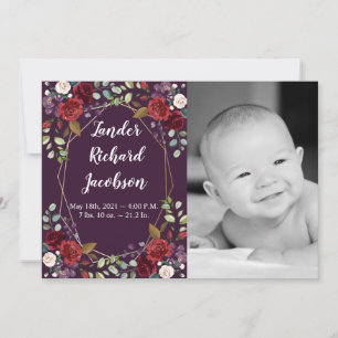 5x7 Faire-part de naissance photo Armée Plum viole