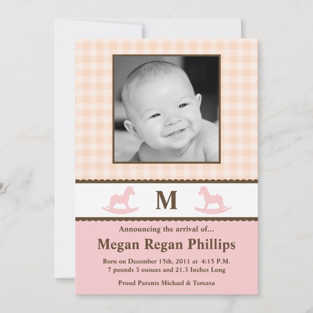 5x7 Faire-part de naissance PHOTO Monogramme rose  (Devant)