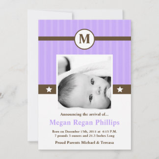 5x7 Faire-part de naissance PHOTO Monogramme viole