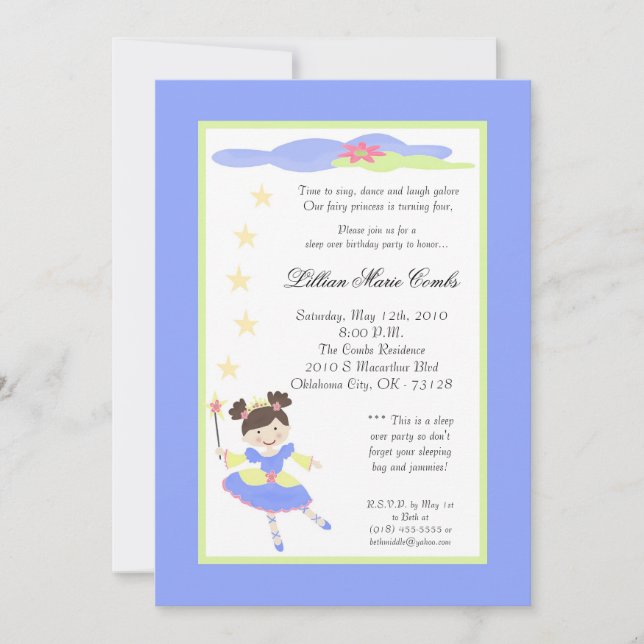 5x7 Fairy Princess Lilac Birthday Party Invitation (Front)