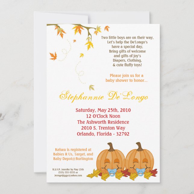 5x7 Fall Leaves TWIN Boy Baby Shower Invitation (Front)