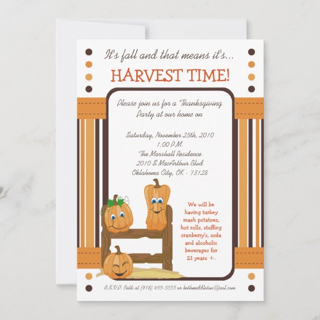 5x7 Fall Pumpkins Harvest Thanksgiving Invitation (Front)