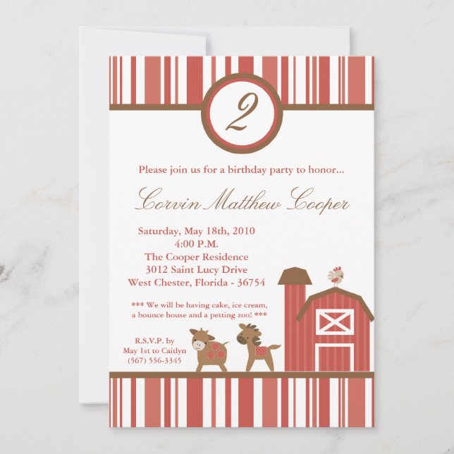 5x7 Farm Red Barn Horse Birthday Party Invitation (Front)