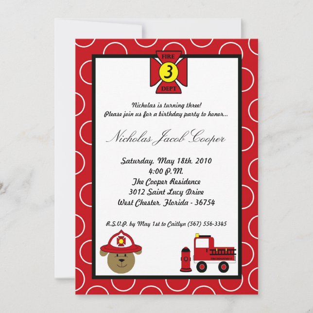 5x7 Fire Dog Firetruck Birthday Party Invitation (Front)