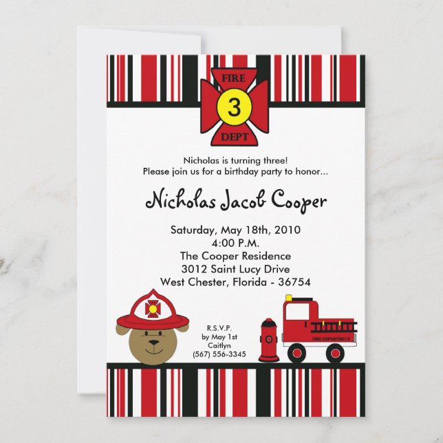 5x7 Fire Dog Firetruck Birthday Party Invitation (Front)