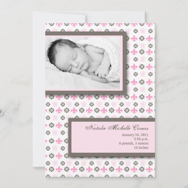 5x7 Fleur de Li rose Fleur de Li Faire-part de nai (Devant)
