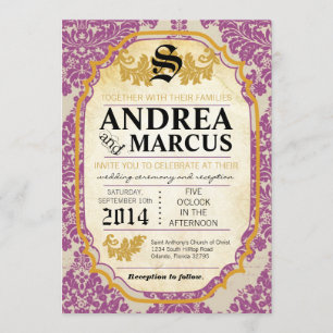 5x7 Formal Purple Damask Lace Wedding Invitation