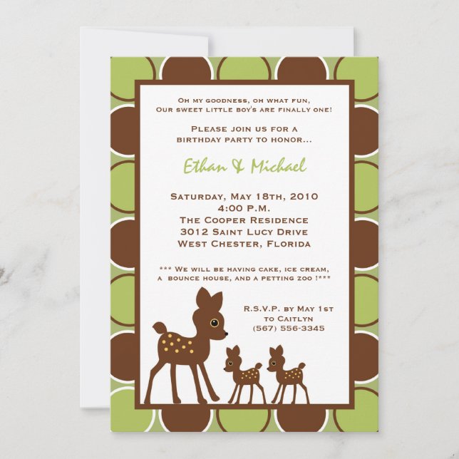 5x7 Forrest Mom TWIN Baby Birthday Part Invitation (Devant)