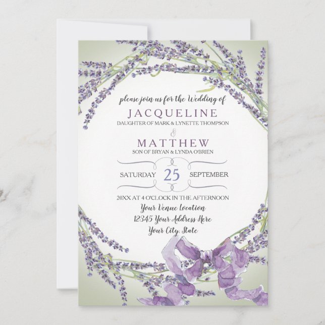 5x7 French Lavender Flower Wreath Typography Invitation (Front)