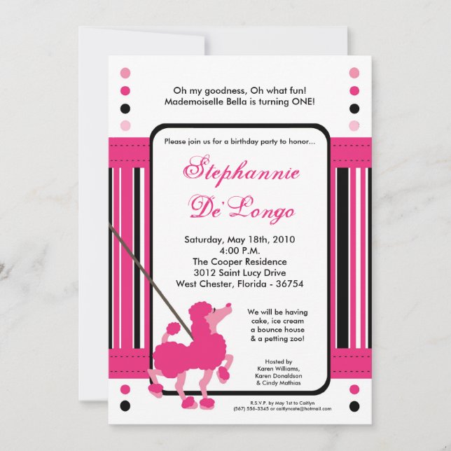 5x7 French Pink Poodle Birthday Party Invitation (Front)