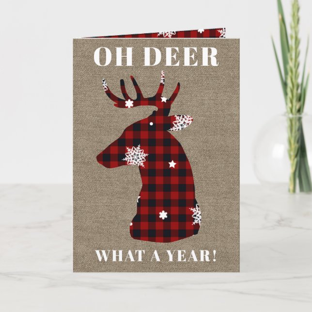 5x7 Funny Oh Deer Buffalo Plaid Burlap Christmas Holiday Card (Front)