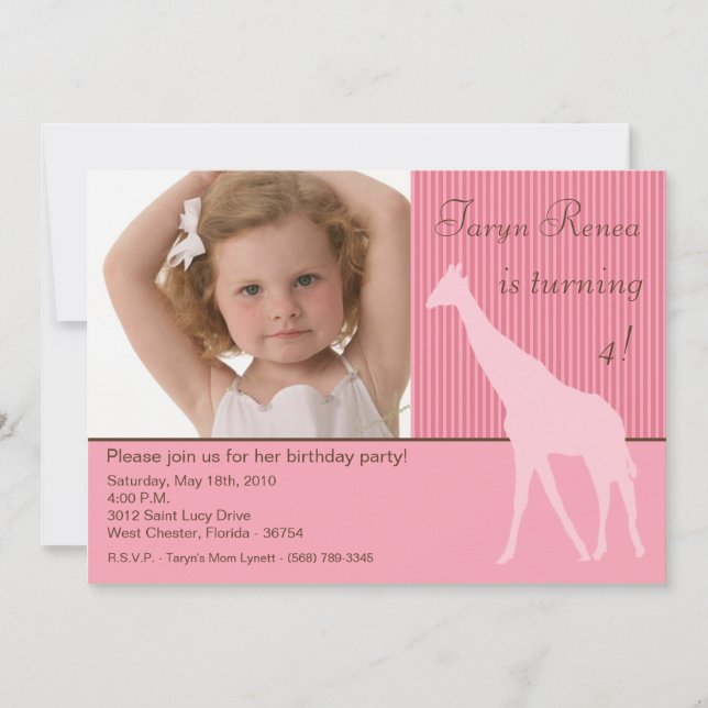 5x7 Girafe rose Photo Invitation à la fête d'anniv (Devant)