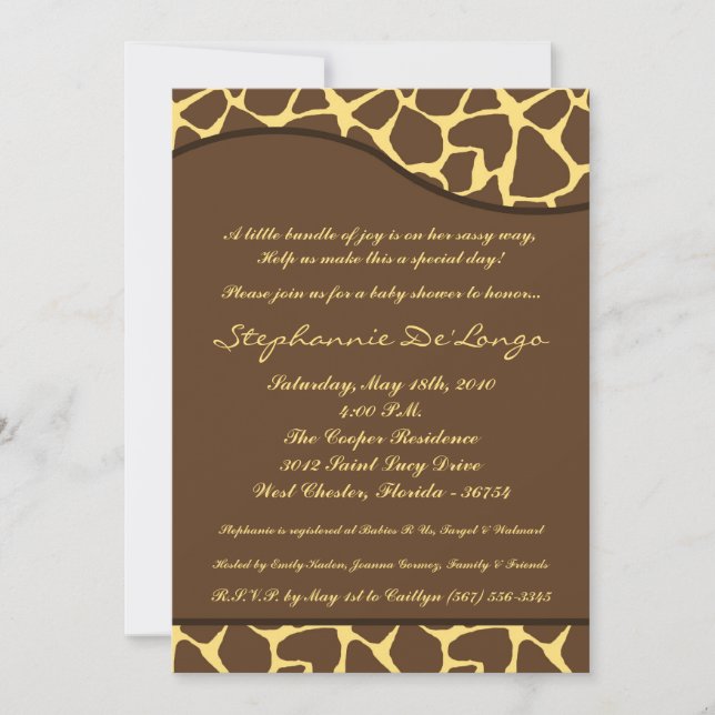 5x7 Giraffe Animal Print Baby Shower Invitation (Front)