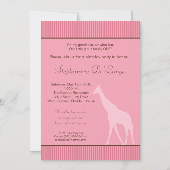 5x7 Giraffe rayée rose Invitation de fête d'annive (Devant)