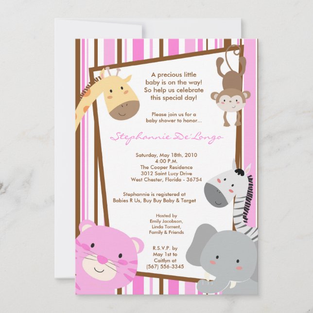 5x7 Girl Jungle Lion Monkey Baby Shower Invitation (Front)