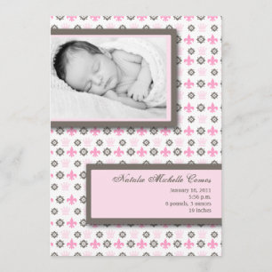5x7 Girl Pink Fleur De Li Photo Birth Announcement