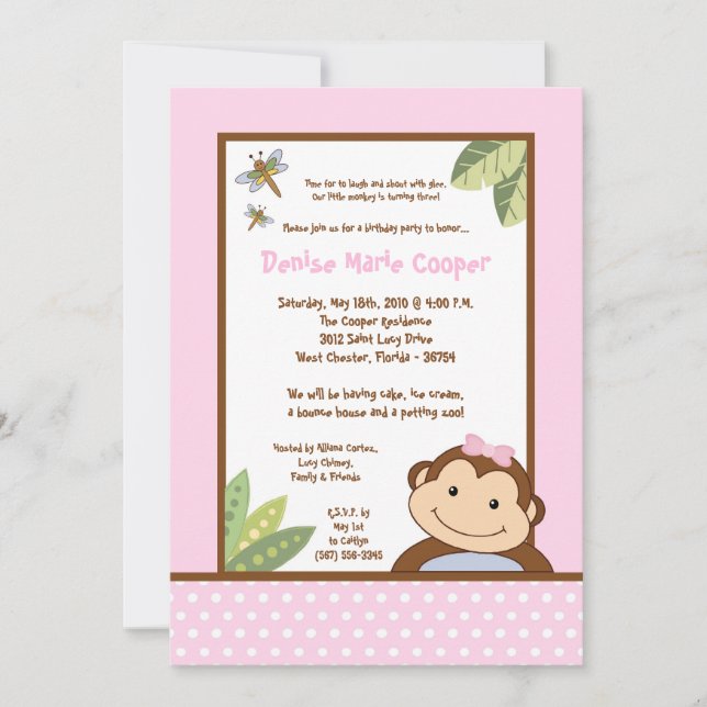 5x7 Girl Pink Papgayo Singe Invitation d'anniversa (Devant)