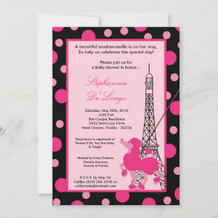 5x7 Girl Pink Poodle Paris Baby shower Invitation