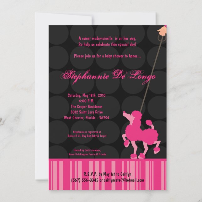 5x7 Girl Pink Poodle Paris Baby shower Invitation (Devant)