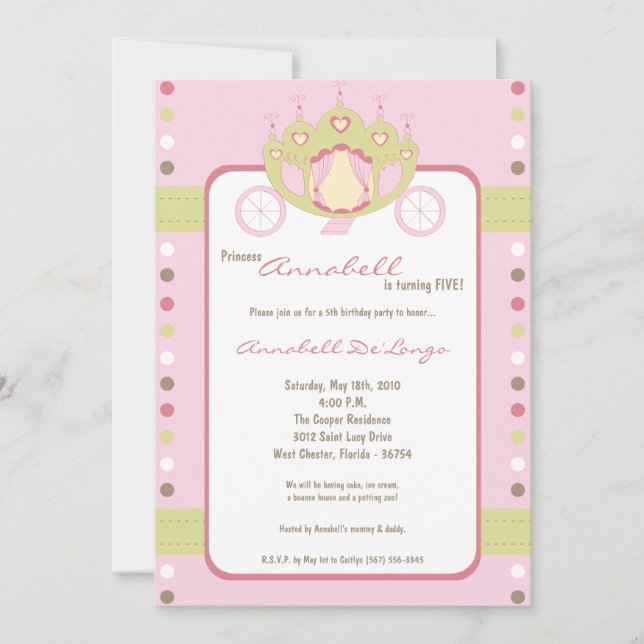 5x7 Girl Princess Carrie Invitation Anniversaire (Devant)