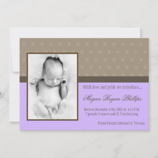 5x7 Girl Purple Polka Dot PHOTO Birth Announcement