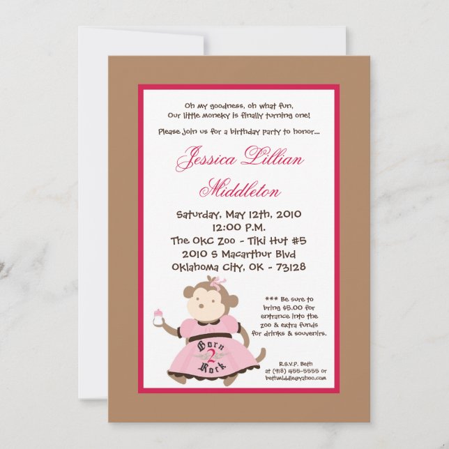 5x7 Girl Rocker Monkey Birthday Party Invitation (Front)