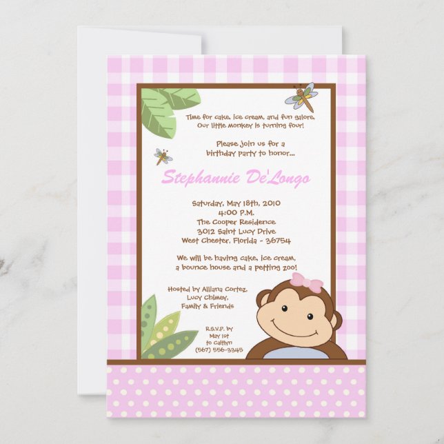 5x7 GirlPink Papgayo Monkey Birthday Invitation (Front)