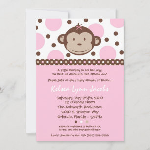 5x7 Girly Modern Mod Monkey Baby Shower Invitation