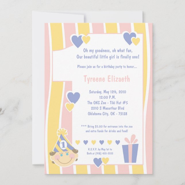5x7 Girly One 1 Year Old Birthday Party Invitation (Front)