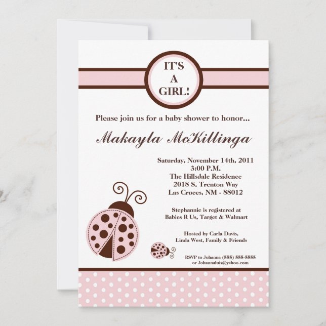 5x7 Girly Pink Lady Bug Baby Shower Invitation (Front)