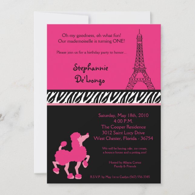 5x7 Girly Pink Poodle Paris Birthday Invitation (Front)