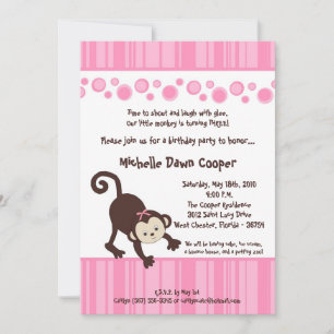 5x7 Girly Pink Pop Monkey Birthday Invitation