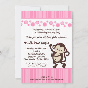 5x7 Girly Pink Pop Monkey Birthday Invitation