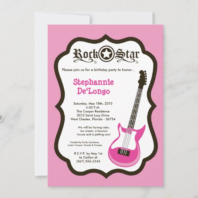 5x7 Girly Pink Rock Guitar Birthday Par Invitation (Front)