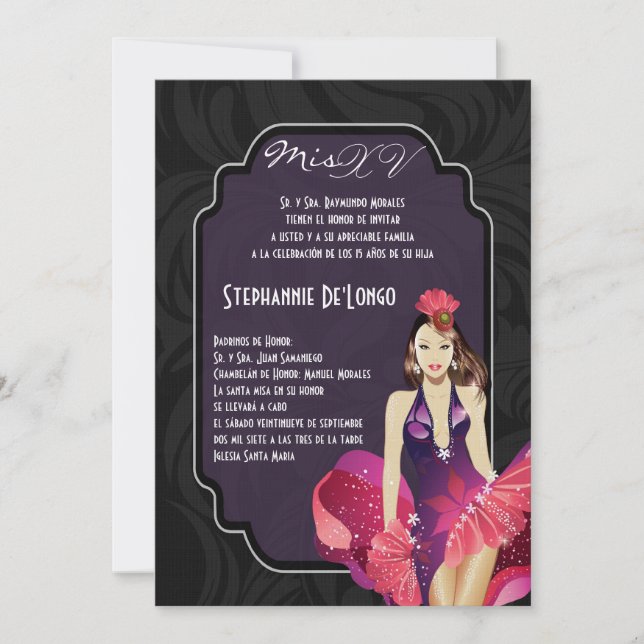 5x7 Glamor Girl Quinceanera Invitation Anniversair (Devant)