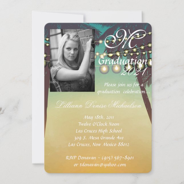 5x7 Graduation Part Invitation Beach Sunset Palm T (Front)