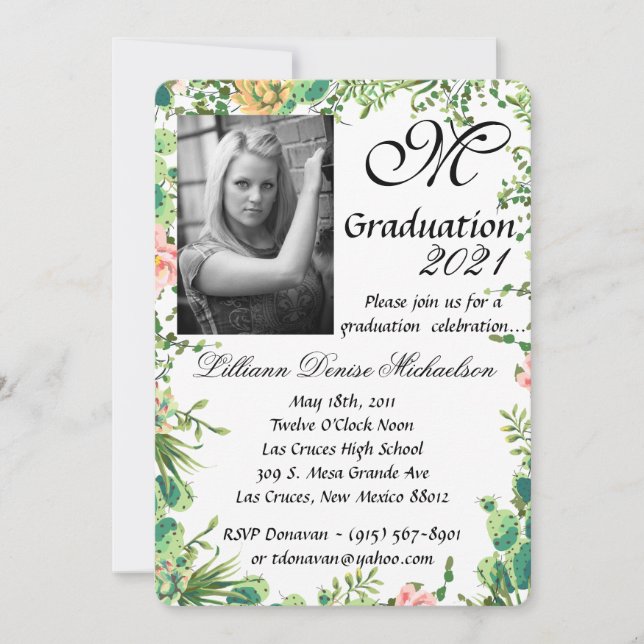 5x7 Graduation Part Invitation Bohemian Cactus Suc (Front)