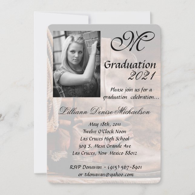 5x7 Graduation Part Invitation Cowboy Boots Barn W (Front)