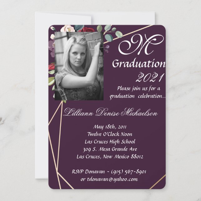 5x7 Graduation Part Invitation Plum Purple Roses G (Front)