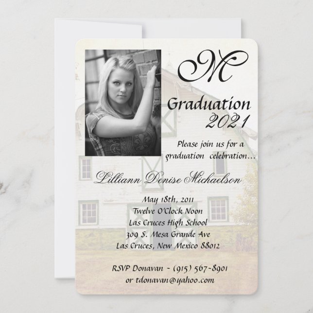 5x7 Graduation Part Invitation Sunset Barn Country (Front)