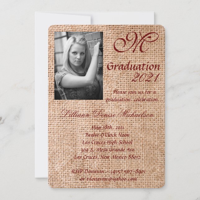5x7 Graduation Part Invitation Wheat on Burlap Sac (Front)