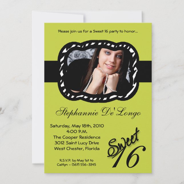 5x7 Green Band PHOTO Sweet 16 Birthday Invite (Front)