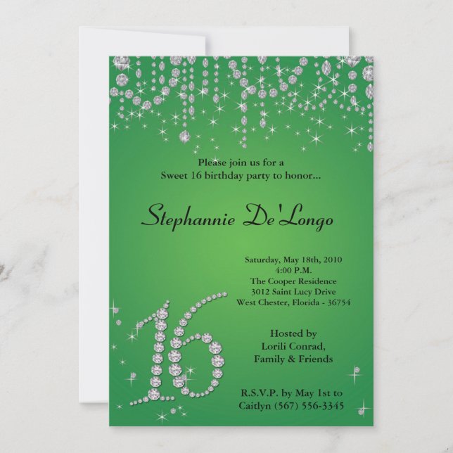 5x7 Green Diamond Sweet 16 Birthday Invitation (Front)