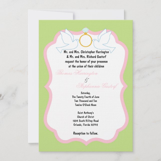 5x7 Green Dove Diamond Wedding Invitation (Front)